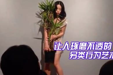 精品让人琢磨不透的另类行为艺术美女抱着一盆花穿着透明衣服全场人鸦雀无声静静看着她表演