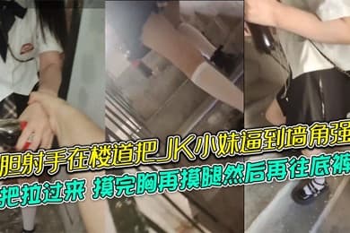 大胆射手在楼道把JK小妹逼到墙角强摸，一把拉过来，摸完胸再摸腿然后再往底裤掏，牛逼